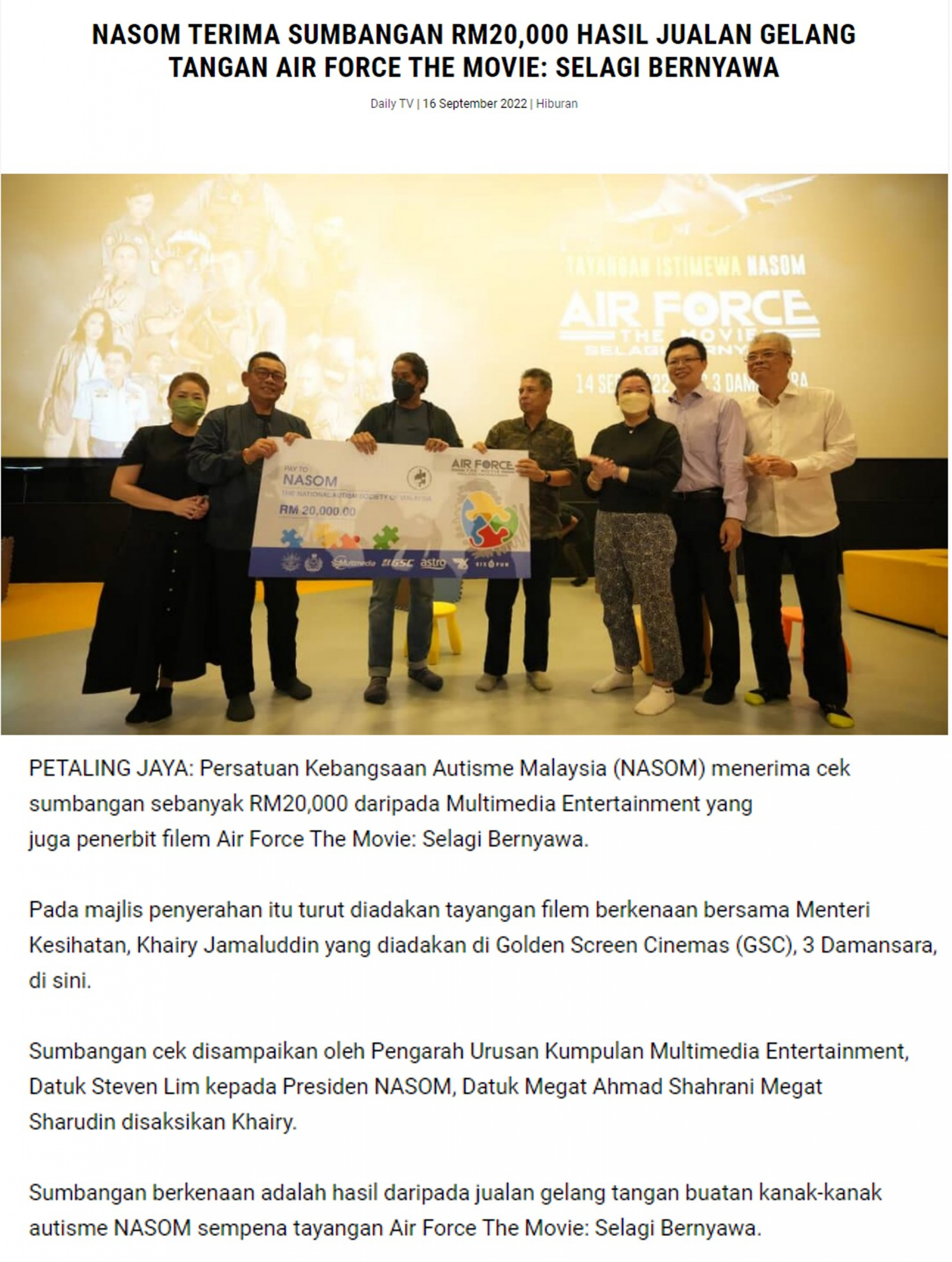 Multimedia donates RM20,000 to The National Autism Society of Malaysia (NASOM)